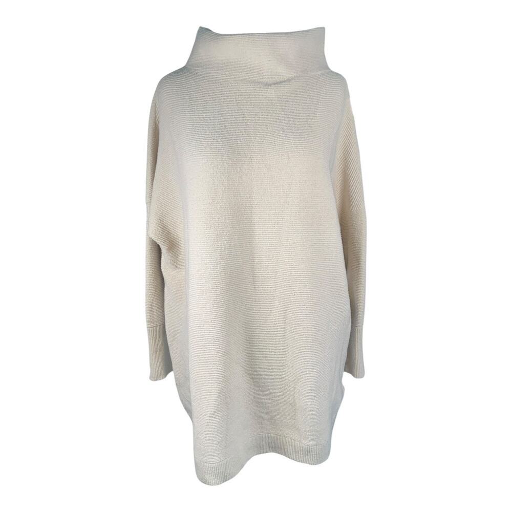 Free People Cream Ribbed Tunic Sweater Cowl Neck Oversize Cotton Small Boho Knit